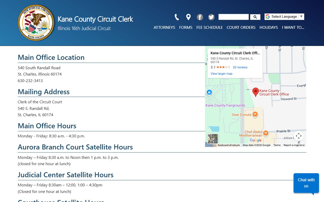 Kane County Circuit Clerk contact page for Aurora probate court records