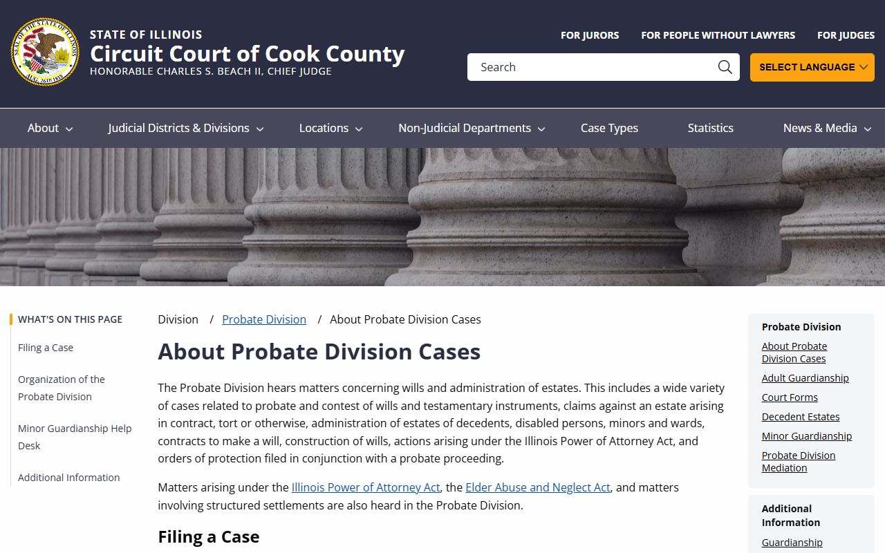 About Probate Division Cases page for Chicago probate court records