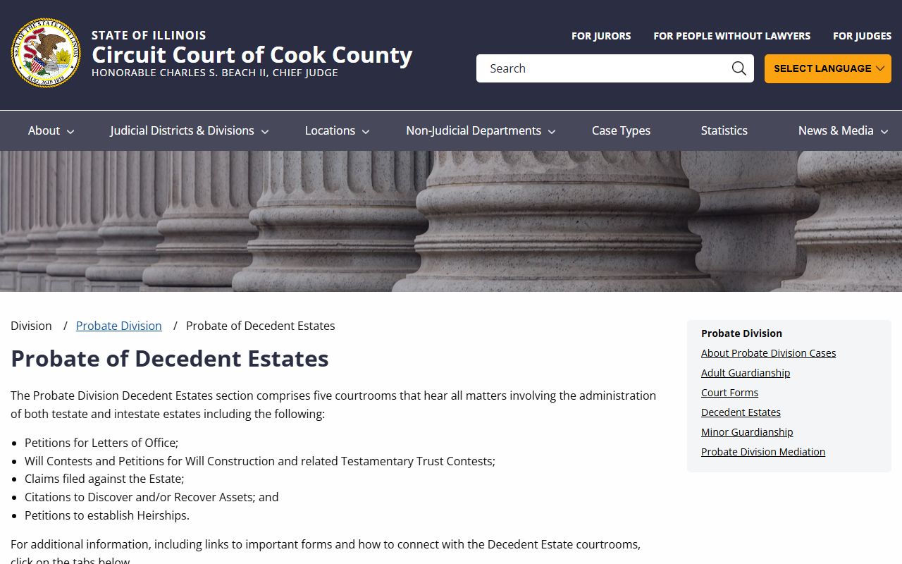 Cook County Probate Division decedent estates page for Des Plaines probate court records