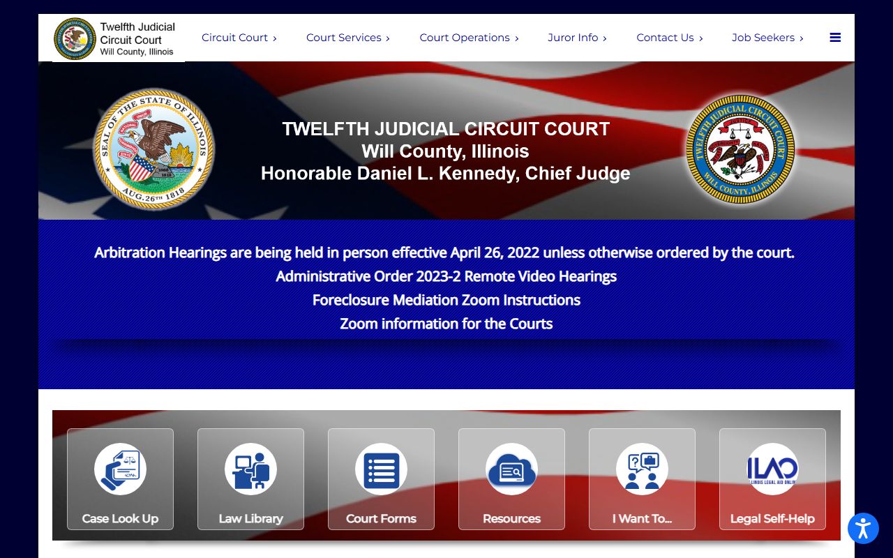 Will County Courts website showing court resources for Joliet probate court records