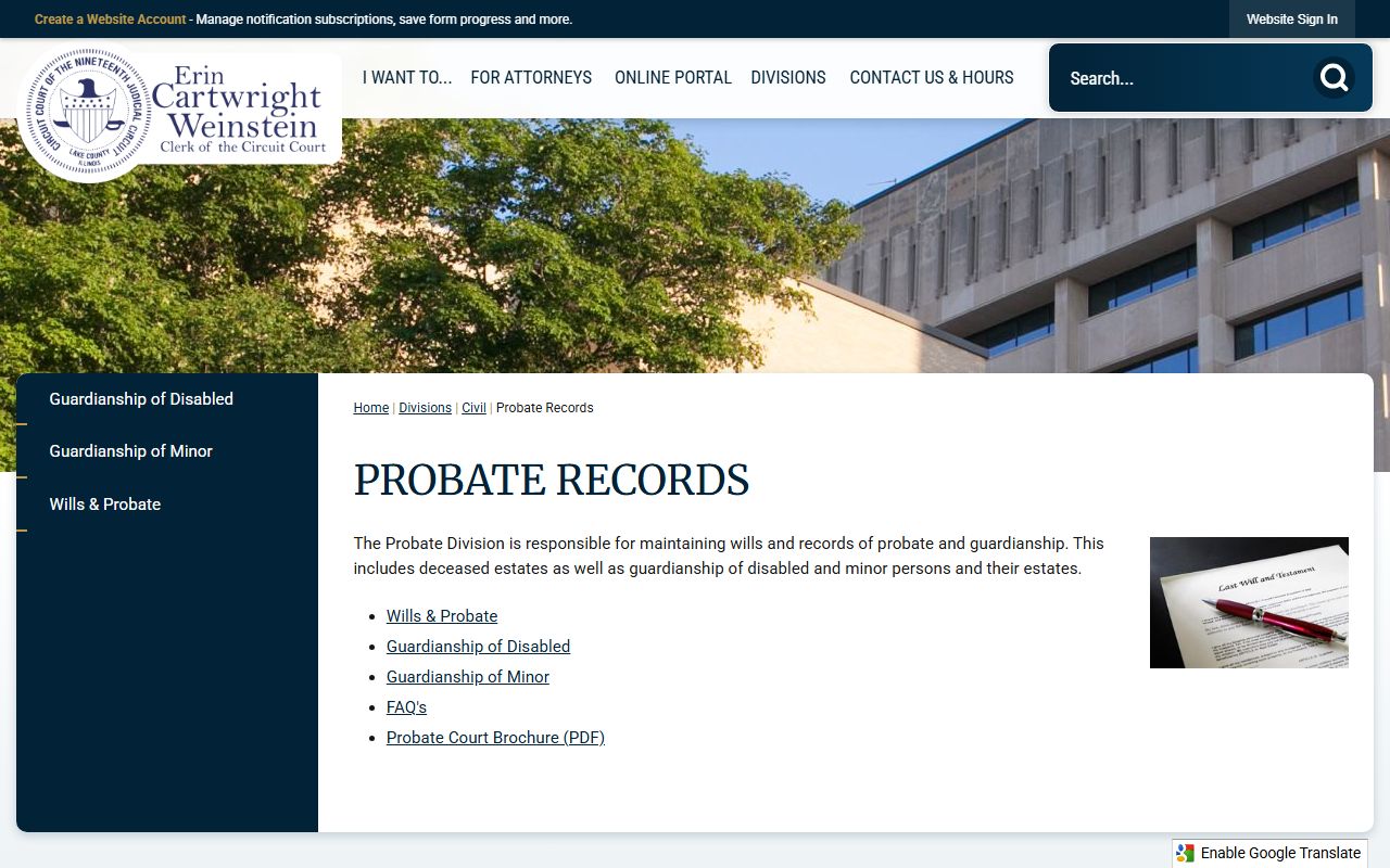 Lake County Circuit Clerk probate records page for Waukegan probate court records