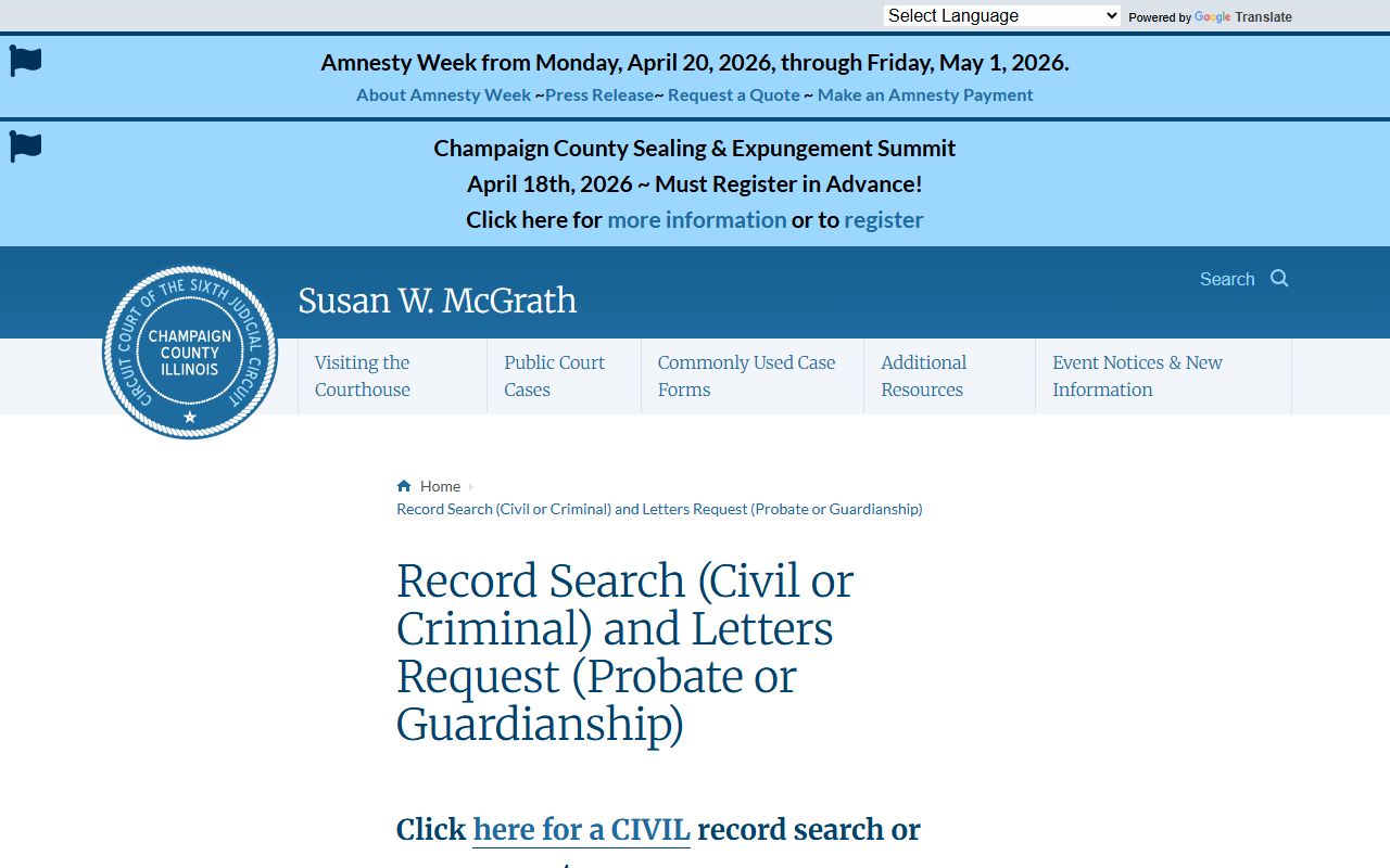 Champaign County Circuit Clerk record search tool for probate court records