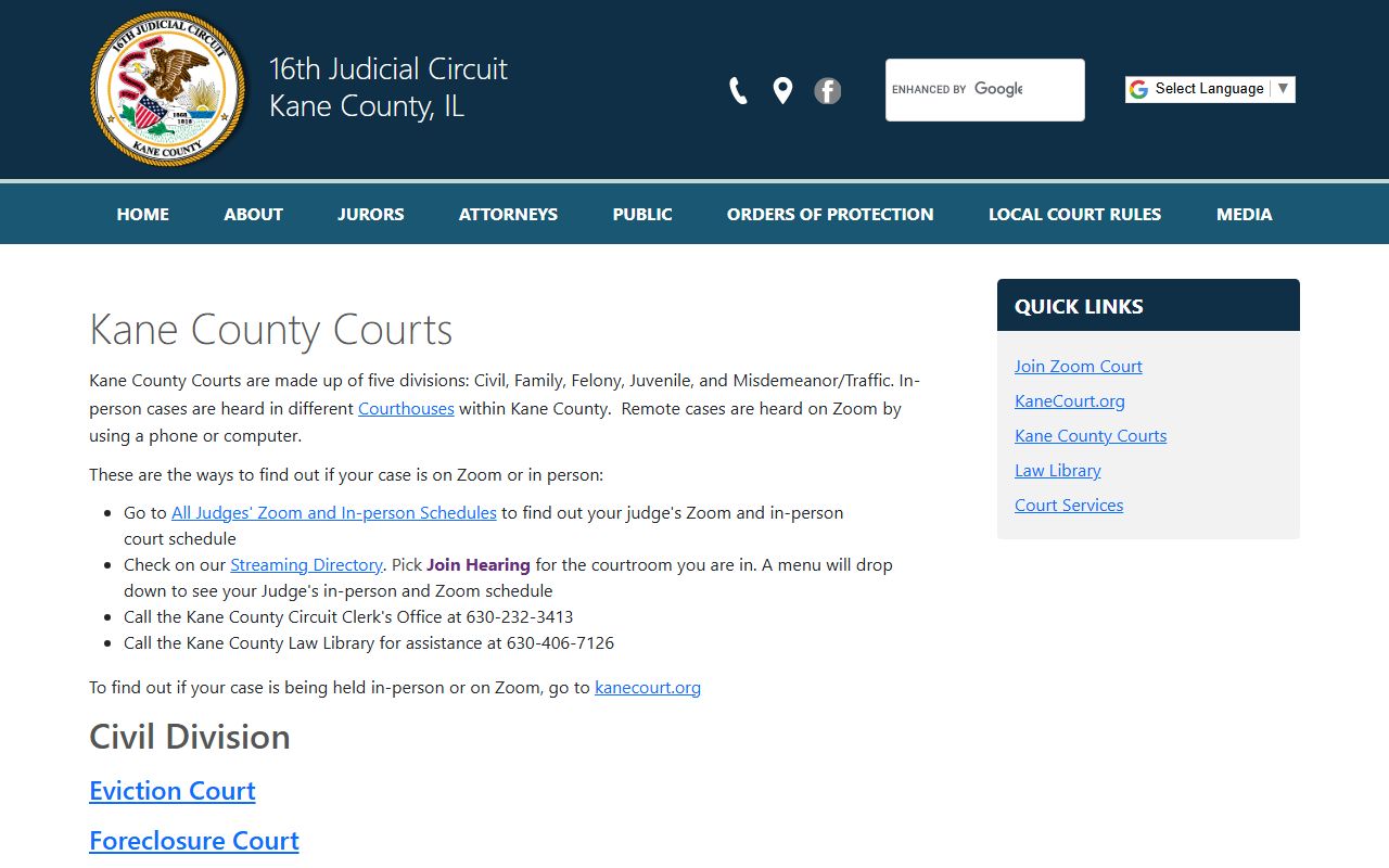 16th Judicial Circuit court info for Kane County probate court records