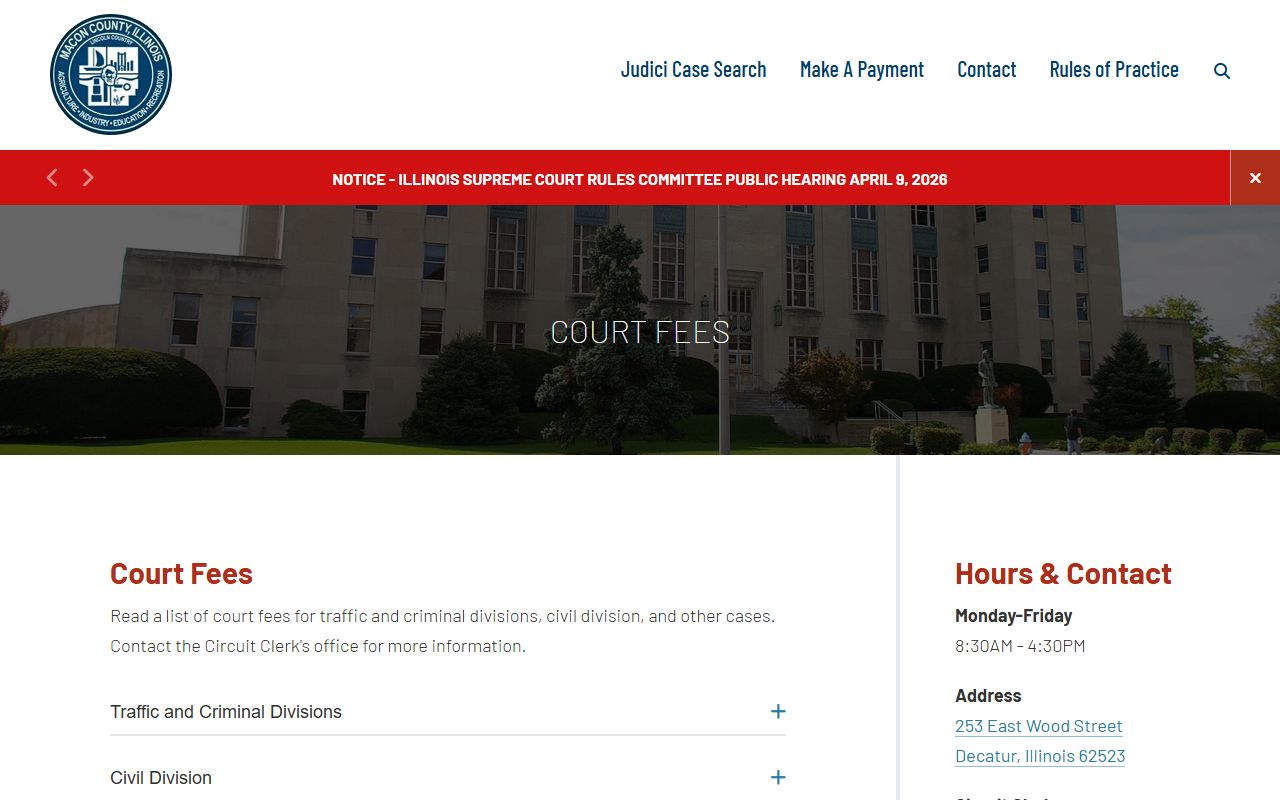 Macon County court fees page for Decatur probate court records
