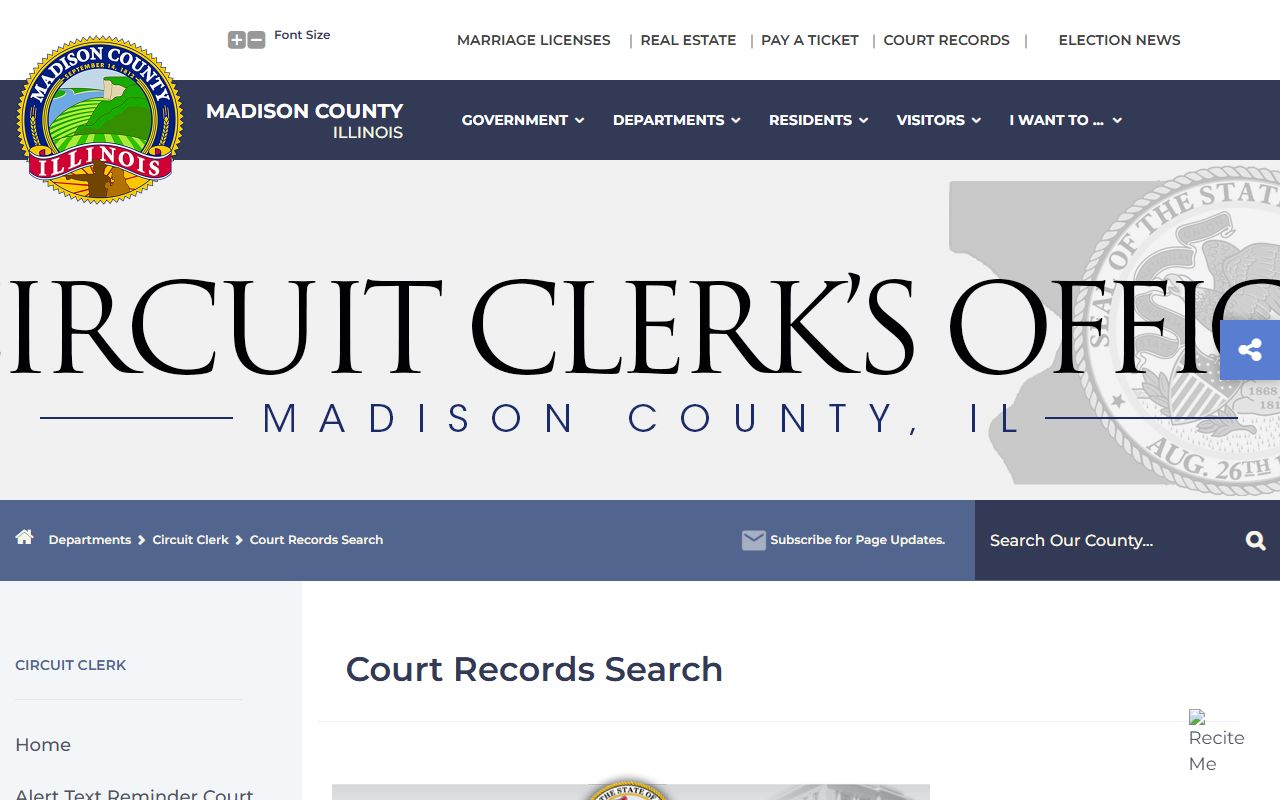 Madison County court records search page for probate court records