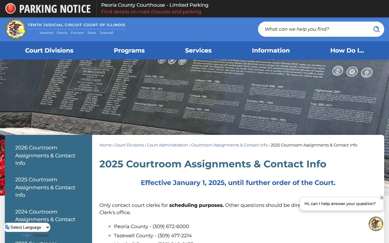 10th Judicial Circuit courtroom assignments page for Peoria County probate court records