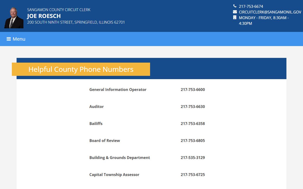 Sangamon County Circuit Clerk phone numbers page for probate court records