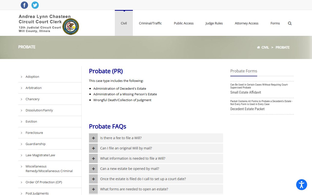 Will County Circuit Clerk probate page for probate court records