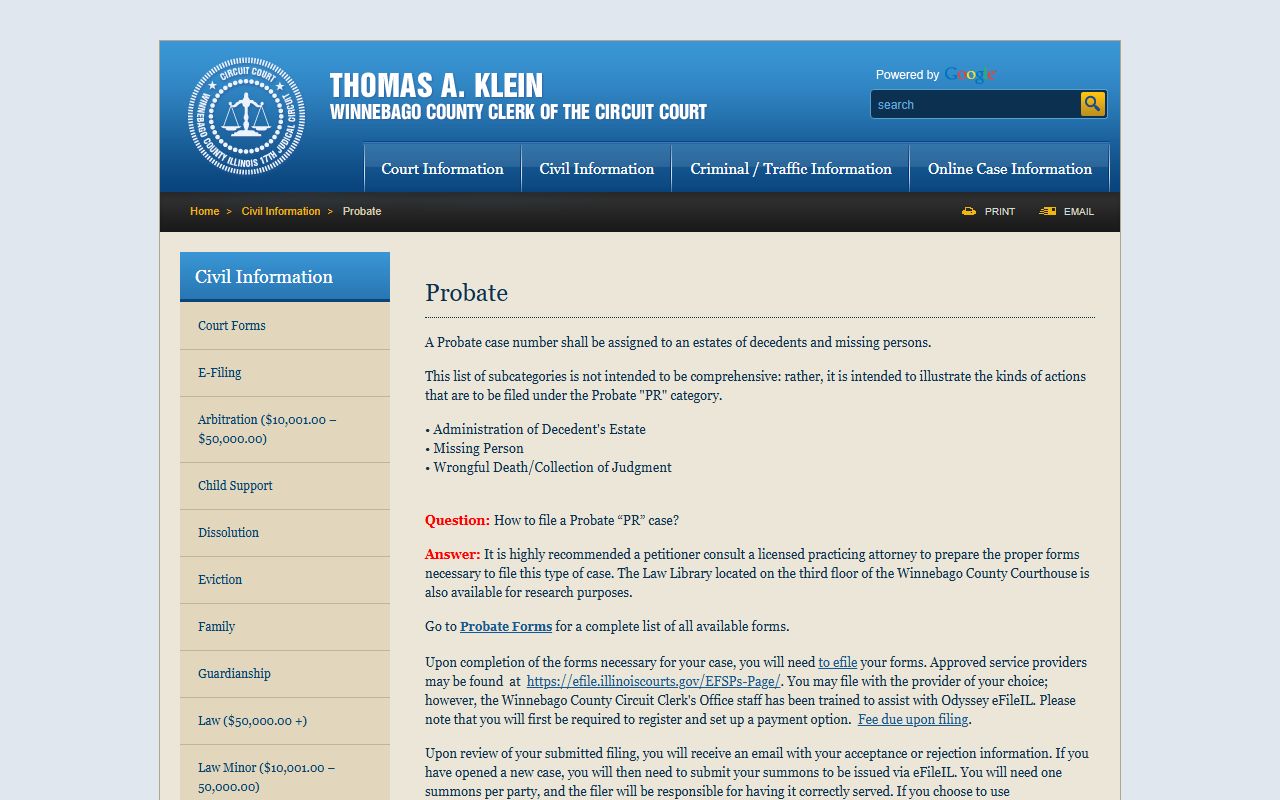 Winnebago County Circuit Clerk probate information page