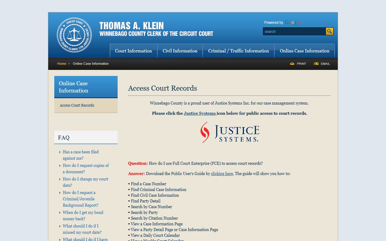 Winnebago County court records access page for probate cases